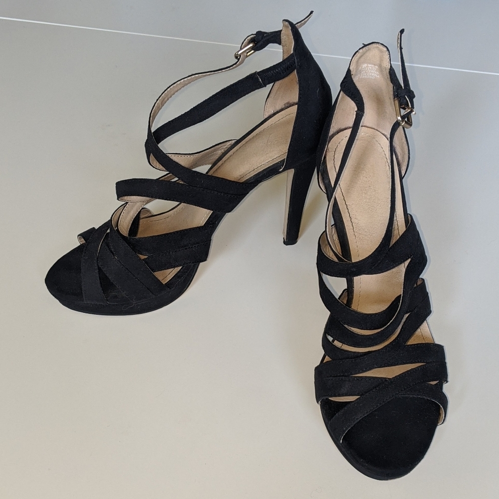 H&M Black Faux Suede Strappey Wedge Heels